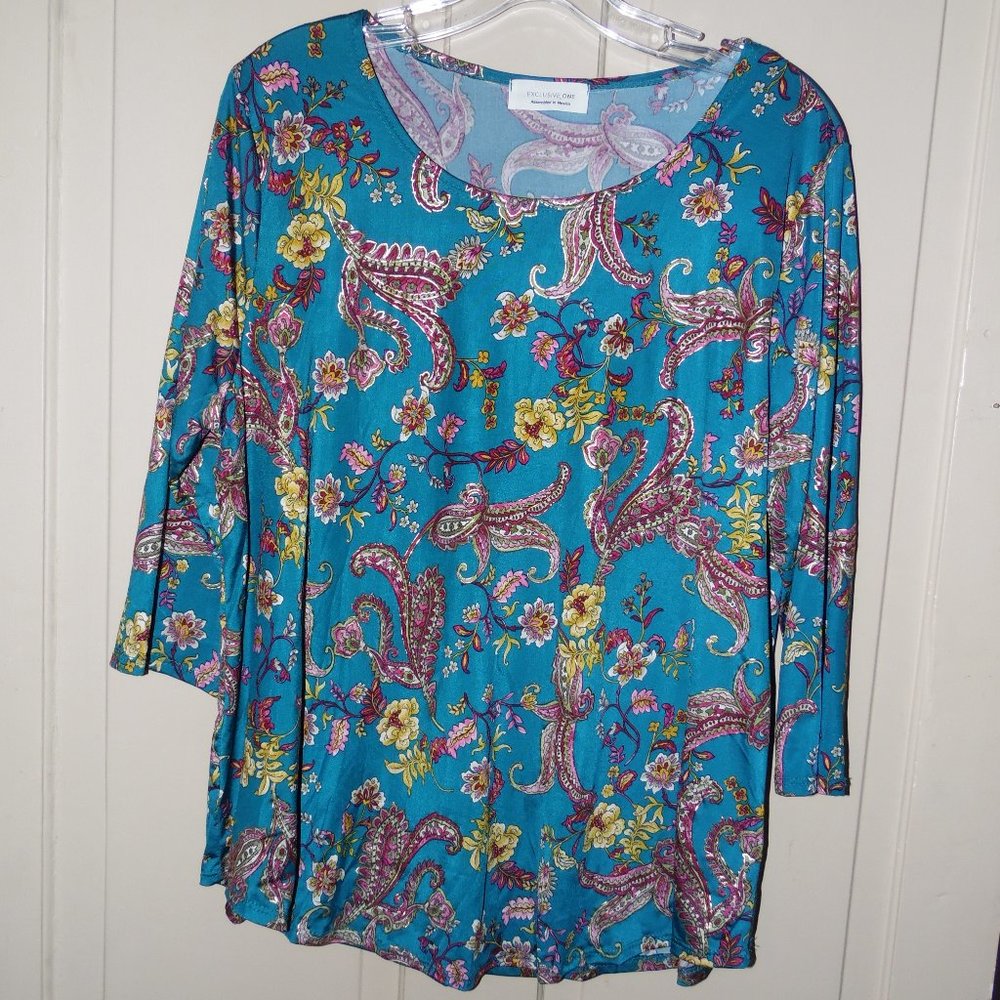 NWOT Teal Paisley Floral Gold Metallic Boho Top 2X